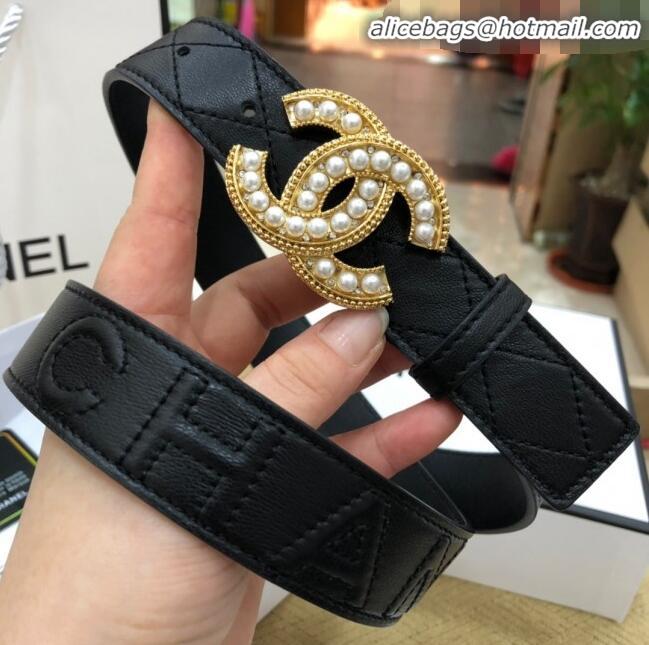 Best Price Chanel Quilted Chanel Logo Lambskin Belt 30mm with Pearl CC Buckle 71148 Black