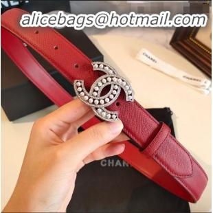 Well Crafted Chanel Grianed Calfskin Belt Width 30mm with Pearl CC Buckle 11605 Red