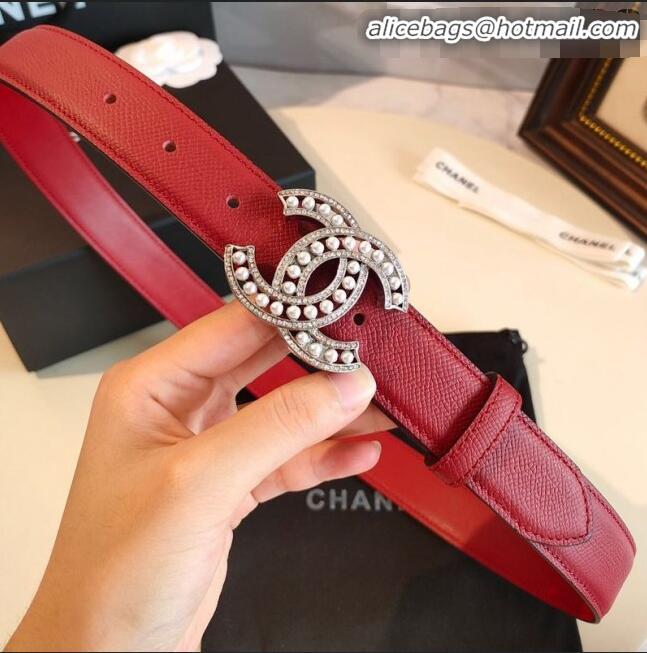 Well Crafted Chanel Grianed Calfskin Belt Width 30mm with Pearl CC Buckle 11605 Red