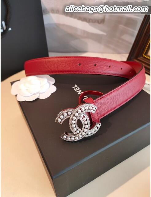 Well Crafted Chanel Grianed Calfskin Belt Width 30mm with Pearl CC Buckle 11605 Red