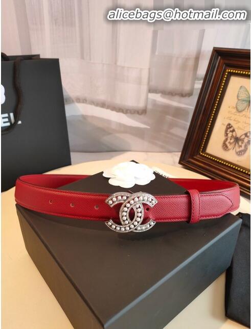 Well Crafted Chanel Grianed Calfskin Belt Width 30mm with Pearl CC Buckle 11605 Red