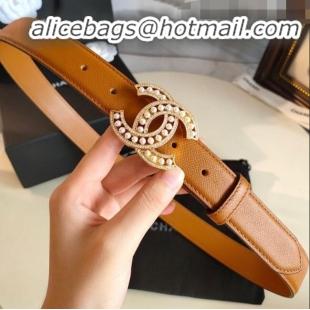 Original Cheap Chanel Grianed Calfskin Belt Width 30mm with Pearl CC Buckle 11605 Brown