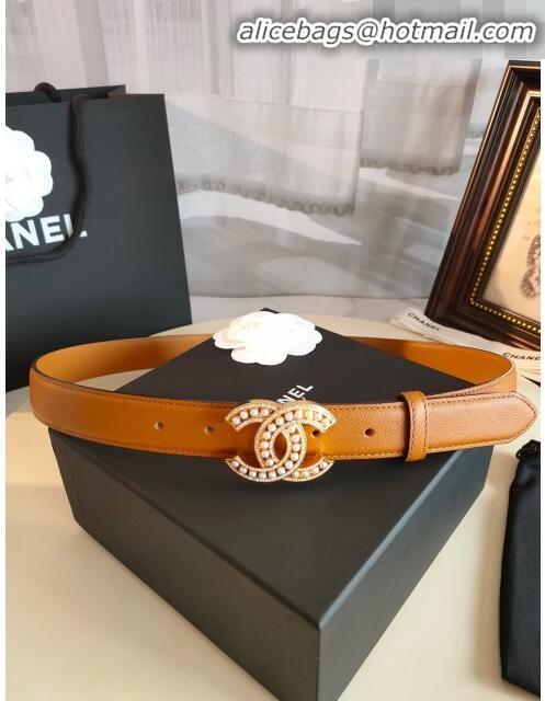 Original Cheap Chanel Grianed Calfskin Belt Width 30mm with Pearl CC Buckle 11605 Brown