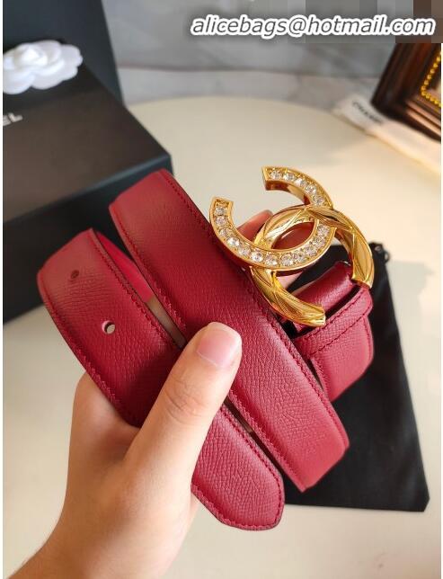 Shop Discount Chanel Grianed Calfskin Belt Width 30mm with Crystal Metal CC Buckle 11607 Red