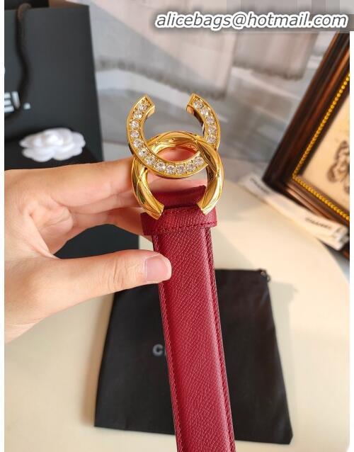 Shop Discount Chanel Grianed Calfskin Belt Width 30mm with Crystal Metal CC Buckle 11607 Red