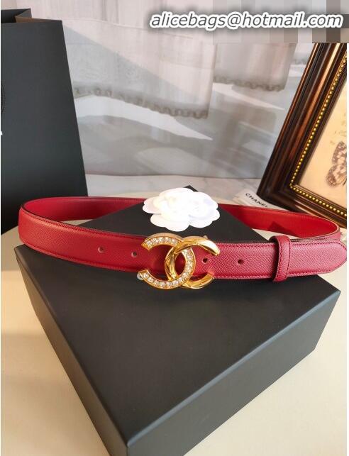 Shop Discount Chanel Grianed Calfskin Belt Width 30mm with Crystal Metal CC Buckle 11607 Red