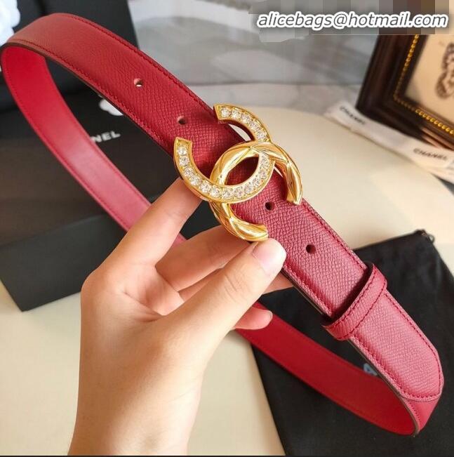 Shop Discount Chanel Grianed Calfskin Belt Width 30mm with Crystal Metal CC Buckle 11607 Red