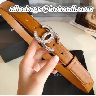 Famous Faux Chanel Grianed Calfskin Belt Width 30mm with Crystal Metal CC Buckle 11608 Brown