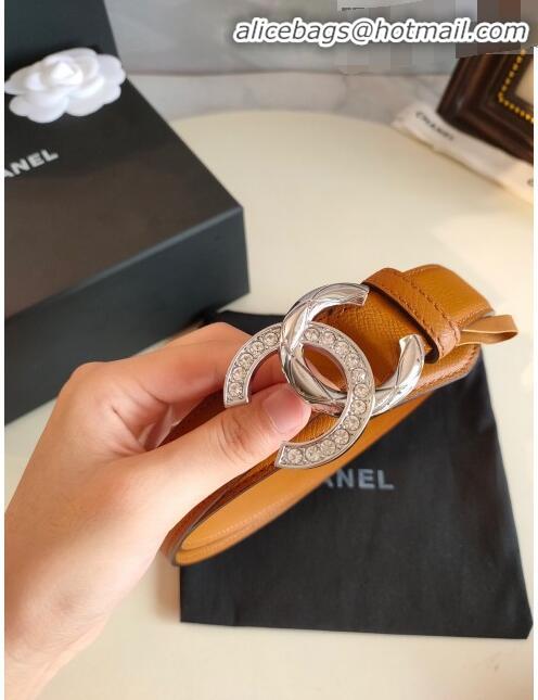 Famous Faux Chanel Grianed Calfskin Belt Width 30mm with Crystal Metal CC Buckle 11608 Brown