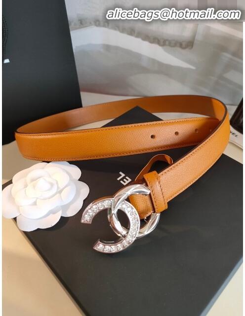 Famous Faux Chanel Grianed Calfskin Belt Width 30mm with Crystal Metal CC Buckle 11608 Brown