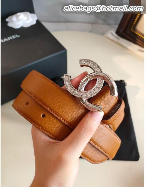 Famous Faux Chanel Grianed Calfskin Belt Width 30mm with Crystal Metal CC Buckle 11608 Brown