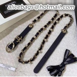 AAAAA Discount Chanel Pearl Leather Chain Belt AA0594 Black