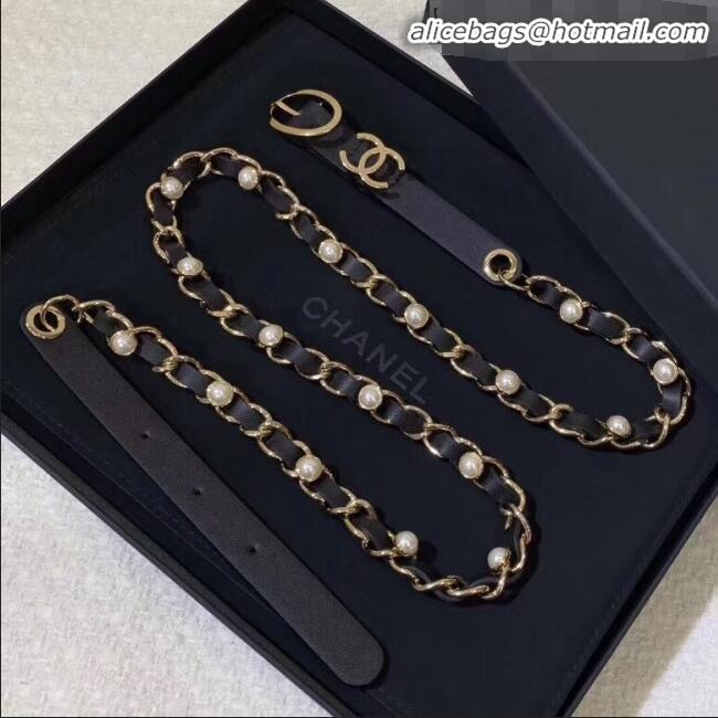 AAAAA Discount Chanel Pearl Leather Chain Belt AA0594 Black