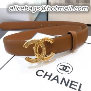 Inexpensive Chanel Smooth Calfskin Belt Width 25mm with Crystal Metal CC Buckle 22404 Brown