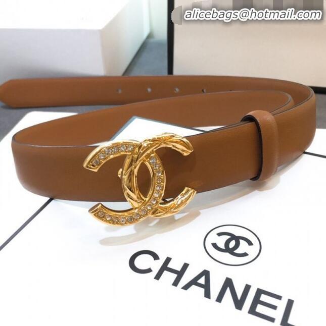 Inexpensive Chanel Smooth Calfskin Belt Width 25mm with Crystal Metal CC Buckle 22404 Brown