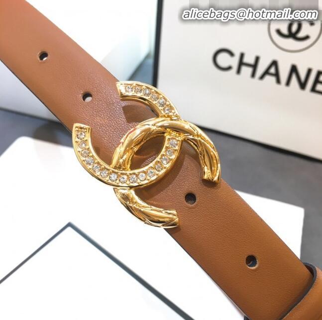 Inexpensive Chanel Smooth Calfskin Belt Width 25mm with Crystal Metal CC Buckle 22404 Brown