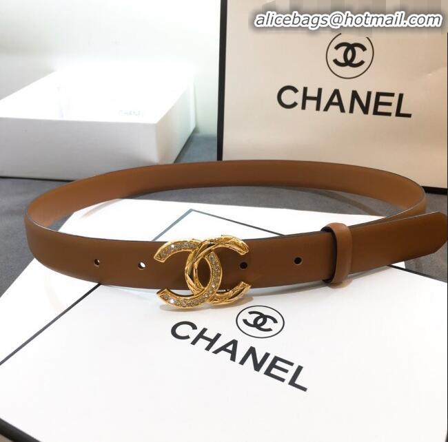 Inexpensive Chanel Smooth Calfskin Belt Width 25mm with Crystal Metal CC Buckle 22404 Brown