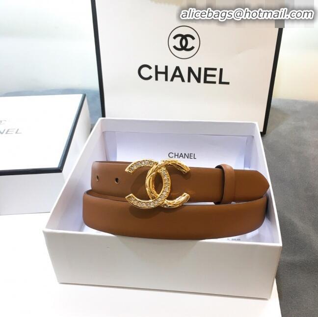 Inexpensive Chanel Smooth Calfskin Belt Width 25mm with Crystal Metal CC Buckle 22404 Brown