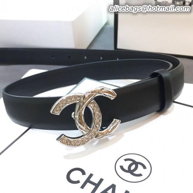 Cheapest Chanel Smooth Calfskin Belt Width 25mm with Crystal Metal CC Buckle 22405 Black