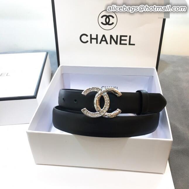 Cheapest Chanel Smooth Calfskin Belt Width 25mm with Crystal Metal CC Buckle 22405 Black