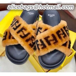 Affordable Price Fendi Logo Print Wool Fur Cross Flat Slide Sandals G81551 Brown