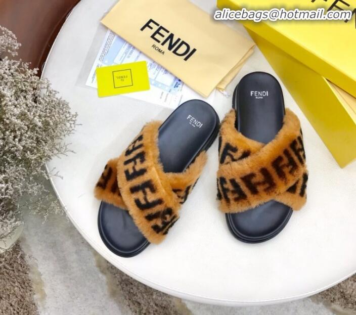 Affordable Price Fendi Logo Print Wool Fur Cross Flat Slide Sandals G81551 Brown