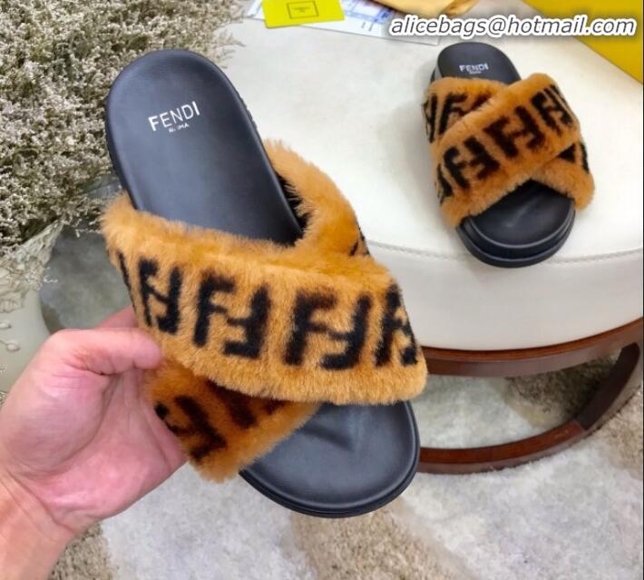 Affordable Price Fendi Logo Print Wool Fur Cross Flat Slide Sandals G81551 Brown