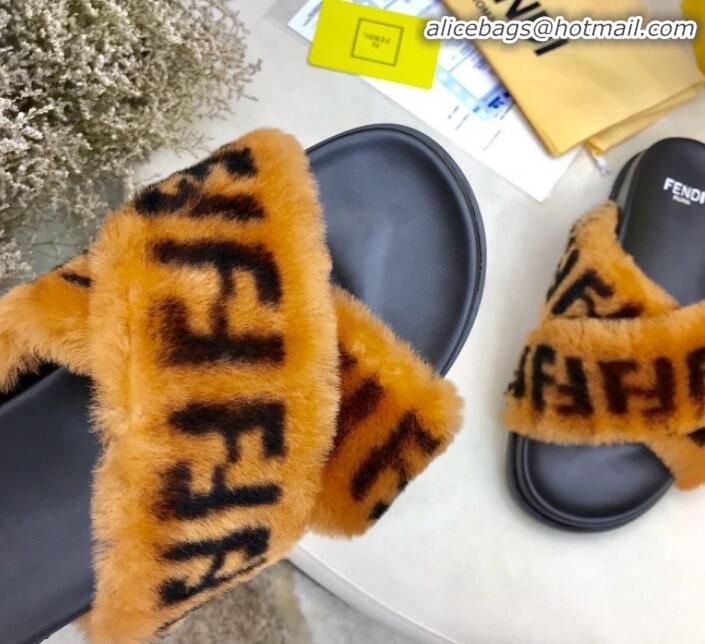 Affordable Price Fendi Logo Print Wool Fur Cross Flat Slide Sandals G81551 Brown