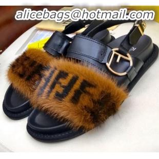 Reasonable Price Fendi Logo Print Mink Fur and Calfskin Flat Sandals G81552 Brown/Black