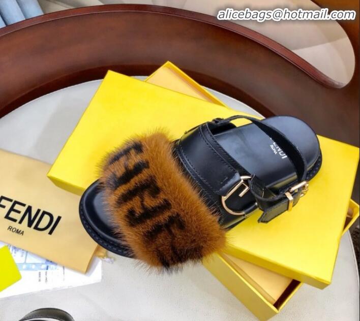 Reasonable Price Fendi Logo Print Mink Fur and Calfskin Flat Sandals G81552 Brown/Black