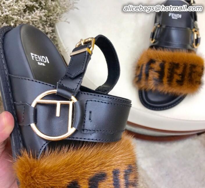 Reasonable Price Fendi Logo Print Mink Fur and Calfskin Flat Sandals G81552 Brown/Black