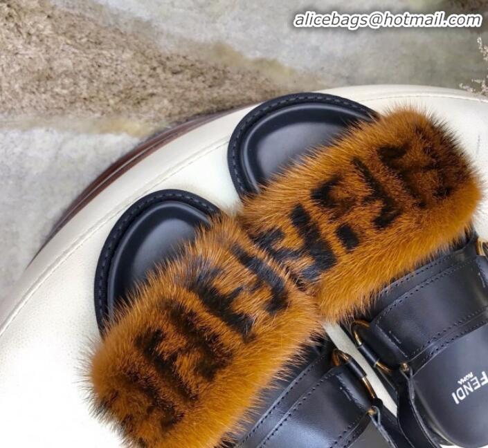 Reasonable Price Fendi Logo Print Mink Fur and Calfskin Flat Sandals G81552 Brown/Black