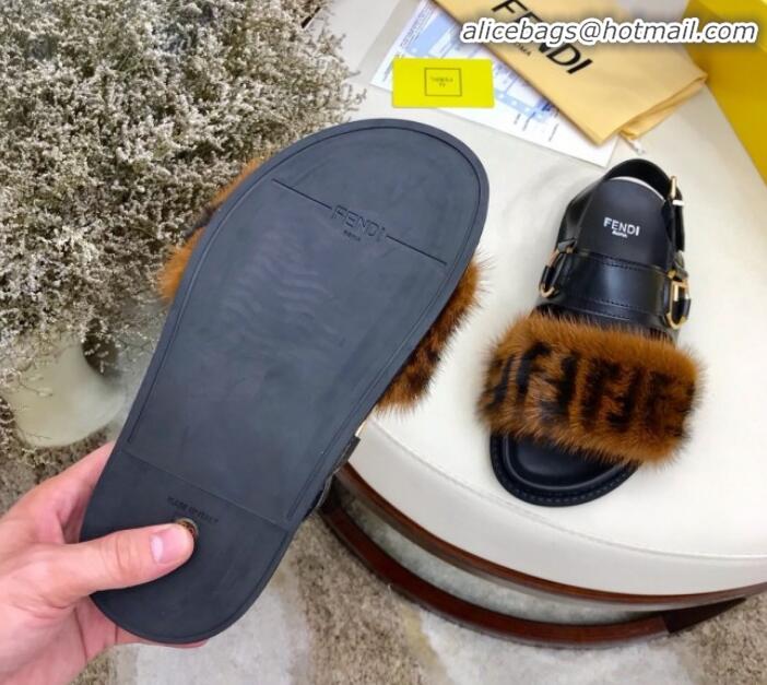 Reasonable Price Fendi Logo Print Mink Fur and Calfskin Flat Sandals G81552 Brown/Black