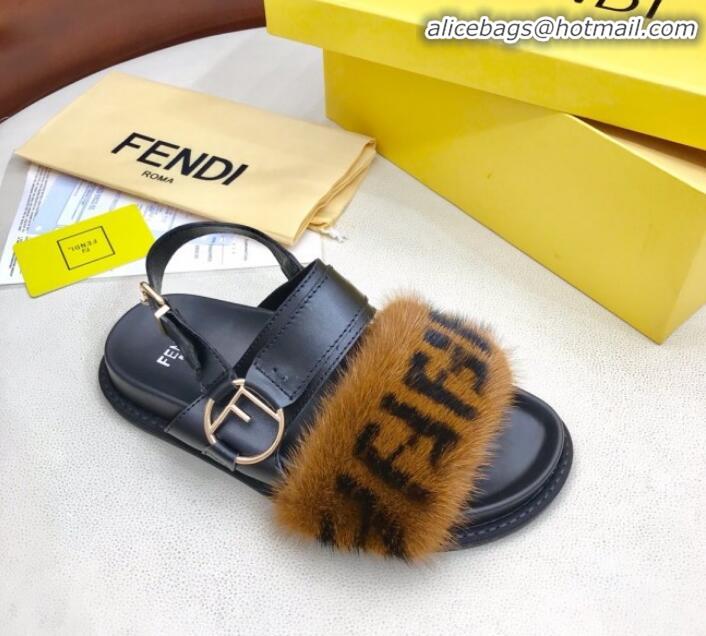 Reasonable Price Fendi Logo Print Mink Fur and Calfskin Flat Sandals G81552 Brown/Black