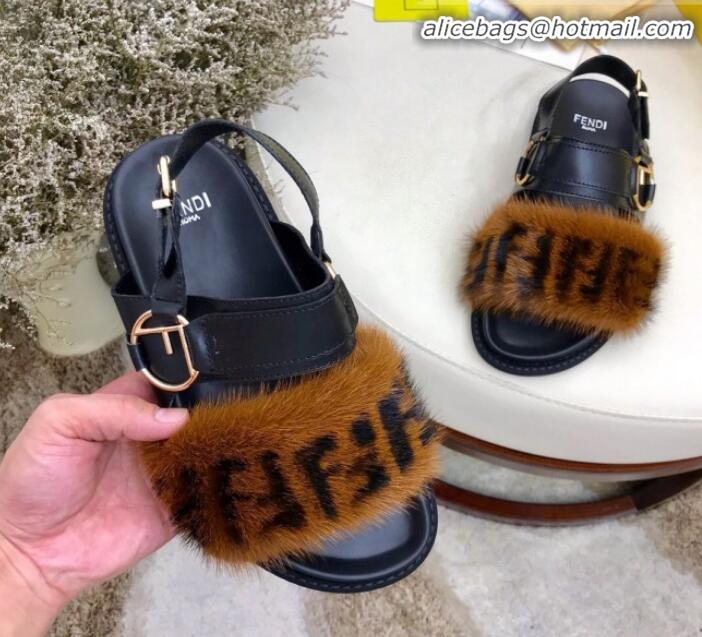 Reasonable Price Fendi Logo Print Mink Fur and Calfskin Flat Sandals G81552 Brown/Black