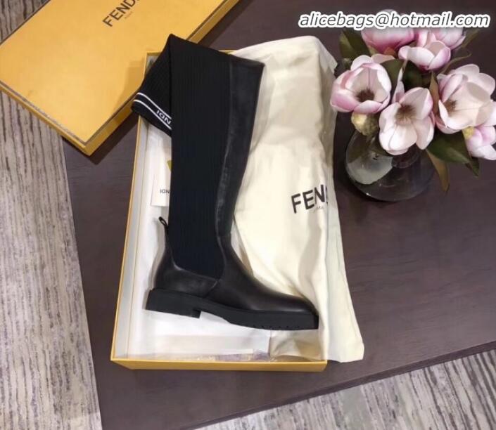 Discount Fendi Calfskin and Knit Stretch Flat High Knee Boots G82041