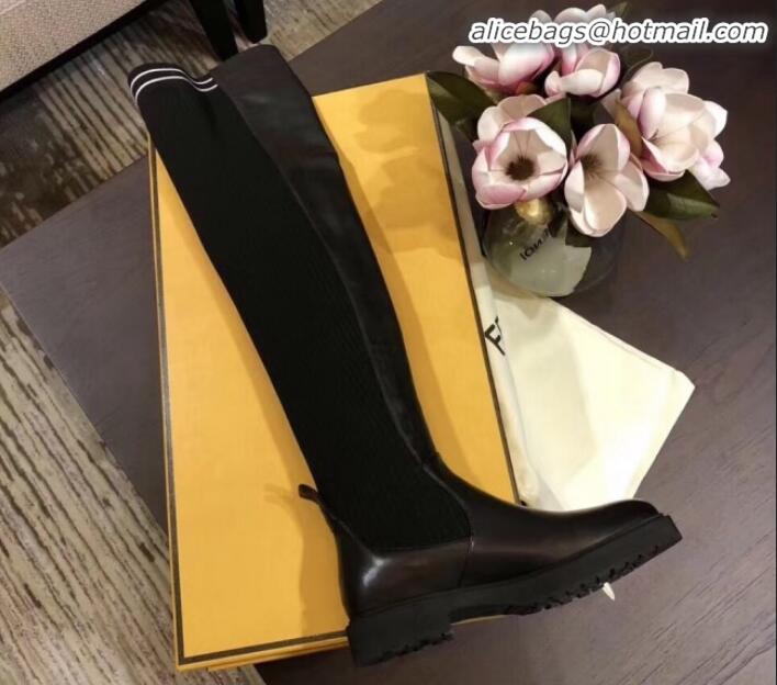 Discount Fendi Calfskin and Knit Stretch Flat High Knee Boots G82041