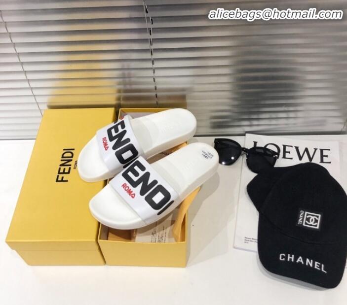 Best Design Fendi Roma Logo Flat Slide Sandals White G82145