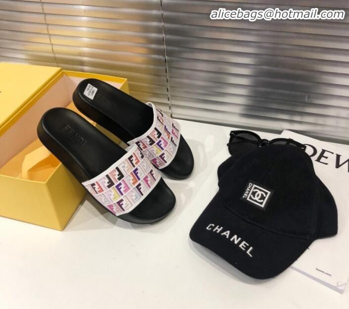 Luxury Fendi Colored FF Flat Slide Sandals Black G82160