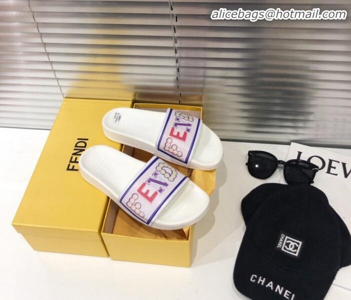 Discount Fendi Bead-Logo Flat Slide Sandals White G82161