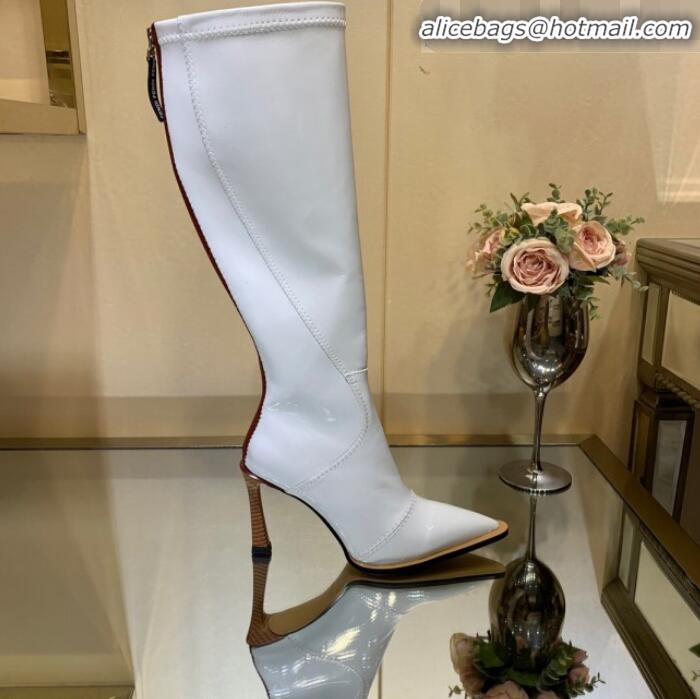 Best Product Fendi FFrame Stitching Patent Leather High Heel Knee Boots G82804 White