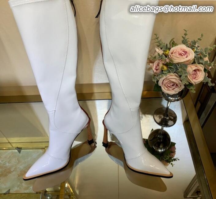 Best Product Fendi FFrame Stitching Patent Leather High Heel Knee Boots G82804 White