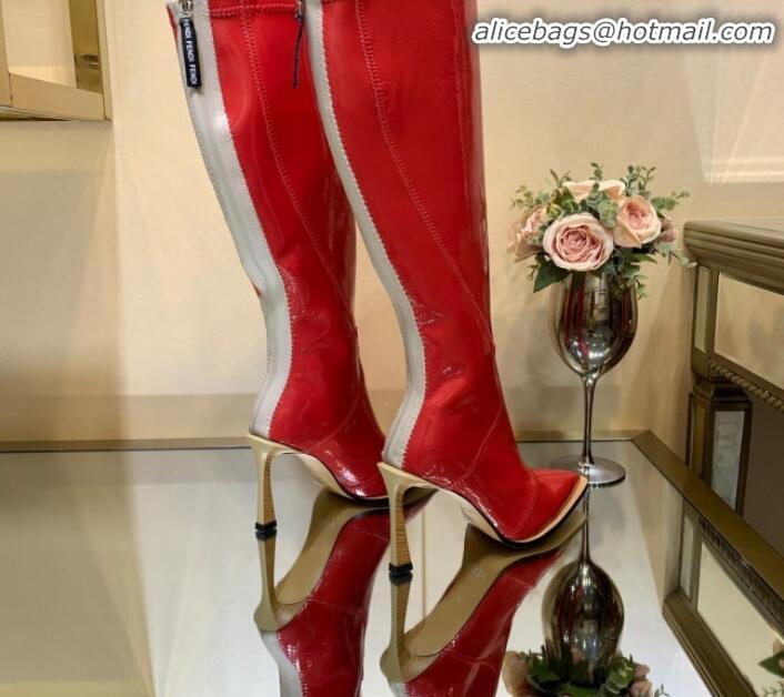 Expensive Product Fendi FFrame Stitching Patent Leather High Heel Knee Boots G82804 Red