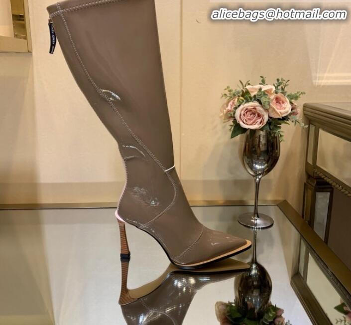 Popular Style Fendi FFrame Stitching Patent Leather High Heel Knee Boots G82804 Beige Grey