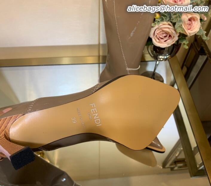 Popular Style Fendi FFrame Stitching Patent Leather High Heel Knee Boots G82804 Beige Grey