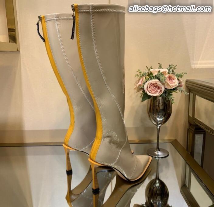 Fashion Fendi FFrame Stitching Patent Leather High Heel Knee Boots G82804 Light Grey