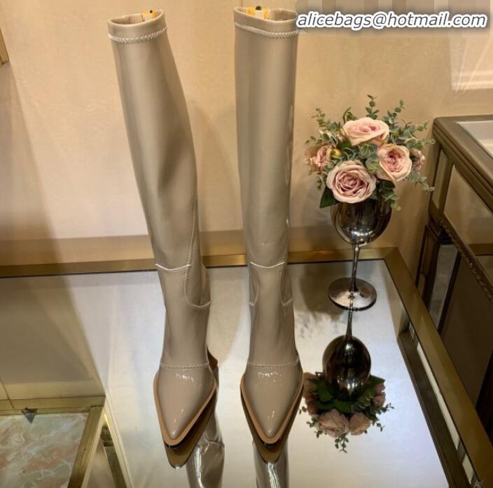 Fashion Fendi FFrame Stitching Patent Leather High Heel Knee Boots G82804 Light Grey