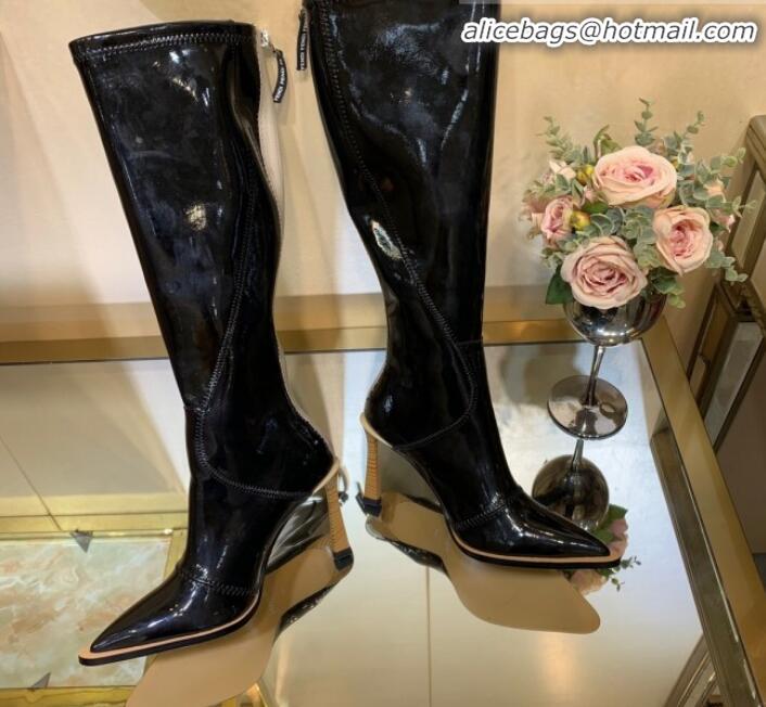 Good Looking Fendi FFrame Stitching Patent Leather High Heel Knee Boots G82804 Black