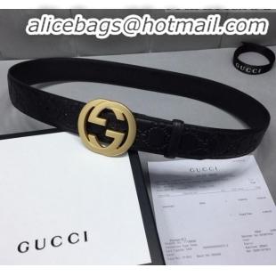 Grade Gucci GG Signature Leather Belt Width 40mm with Gold Interlocking G Buckle 11339 Black