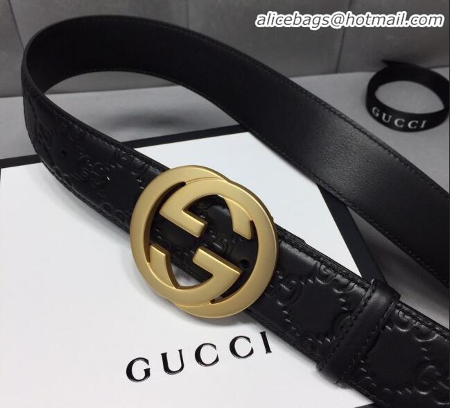 Grade Gucci GG Signature Leather Belt Width 40mm with Gold Interlocking G Buckle 11339 Black